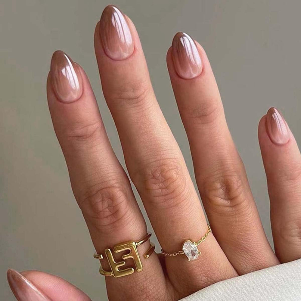 HPYFOI front packaging showing 24-piece fall brown chrome nails for easy styling
