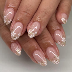 HPYFOI front packaging showing floral gold leaf press-on nails benefit quick styling