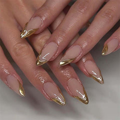 HPYFOI front packaging showing glossy gold almond press-on nails and benefits of quick application