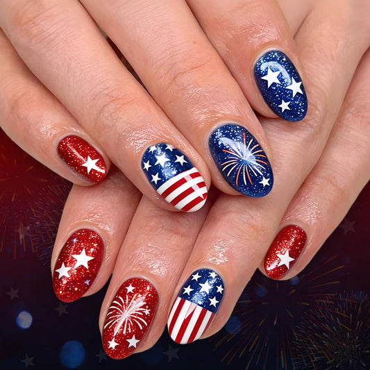 HPYFOI front packaging showing 24-piece patriotic press-on nail kit benefit instant manicure