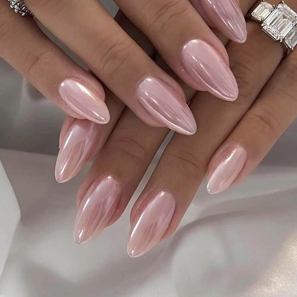 HPYFOI front packaging showing 24-piece pink chrome nail set benefits quick style