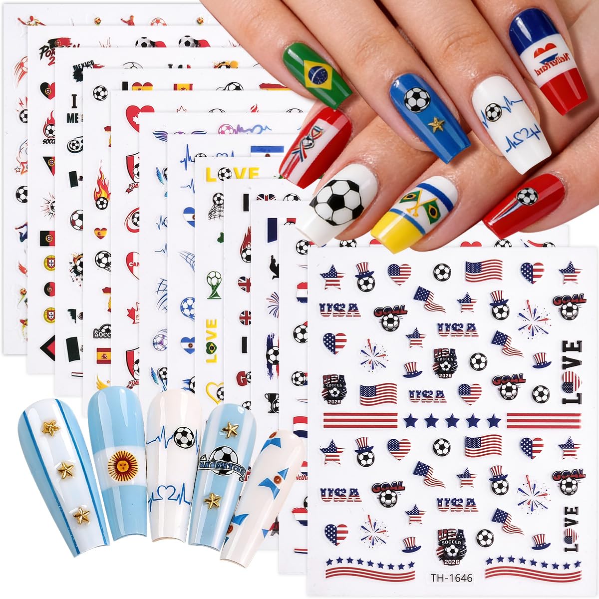 HPYFOI front packaging showing all 12 soccer nail decal sheets and benefits
