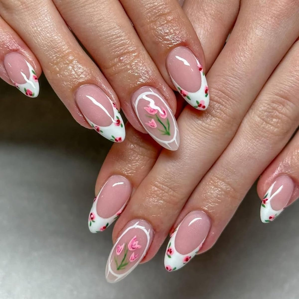 HPYFOI front packaging showing tulip almond nails and kit contents for quick style