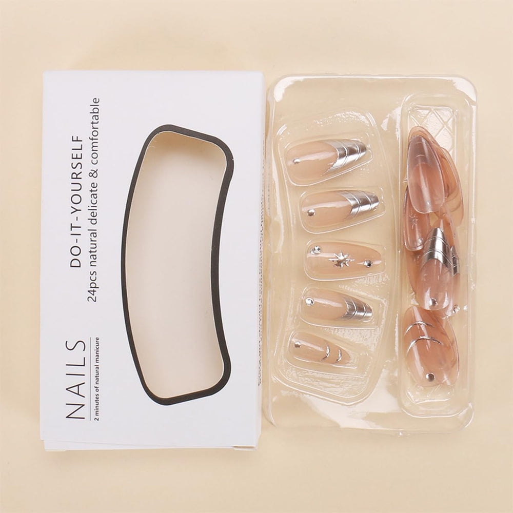 HPYFOI medium-length almond nails in hand to show scale, natural-looking length
