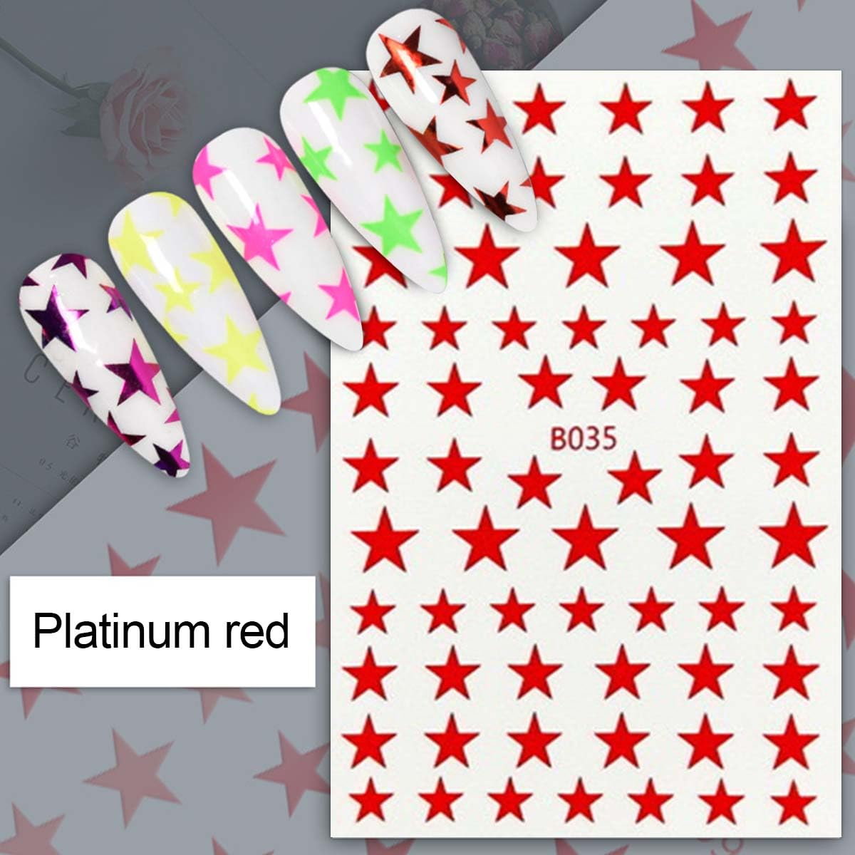 HPYFOI star decals applied to acrylic nails showing a polished finished manicure