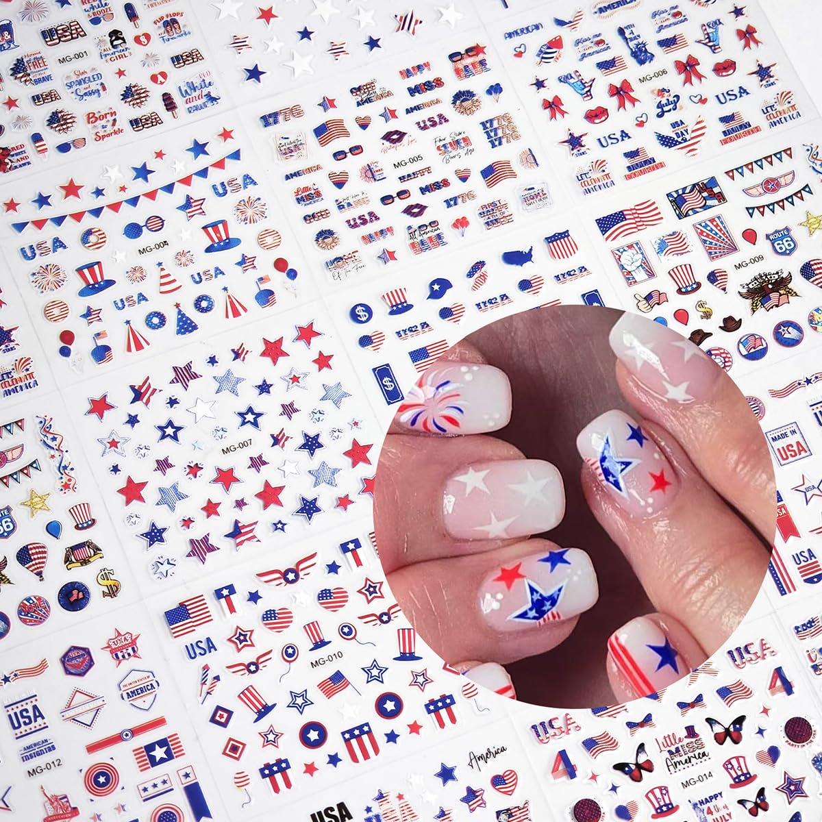 HPYFOI stickers applied on nail tips showcasing finished patriotic look