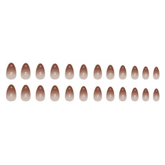 HPYFOI model wearing short almond chrome brown nails showing wearable seasonal style