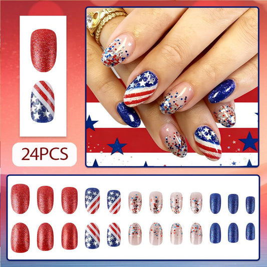 Hrnsnails close-up of red white stars and glitter design for vibrant festive look