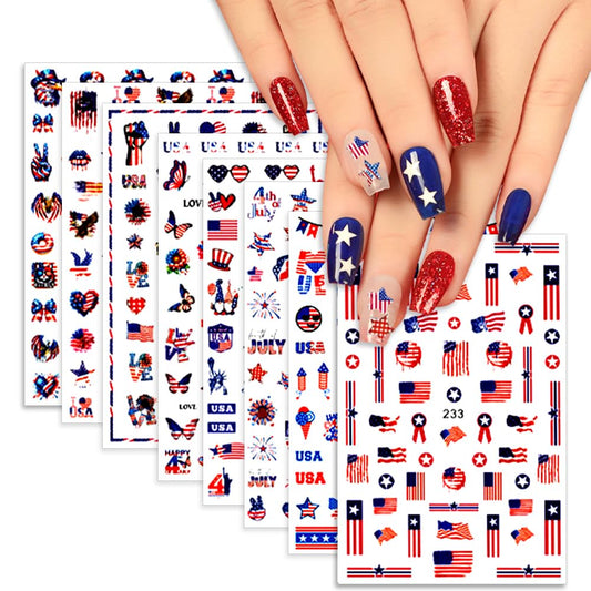 Hrnsnails front packaging showing eight patriotic decal sheets and easy setup