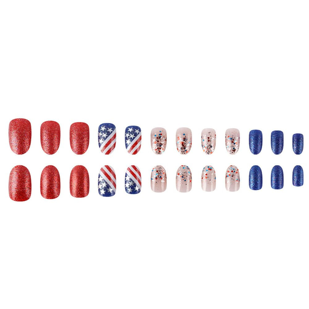 Hrnsnails press-on nails worn on hand showing instant patriotic manicure benefit