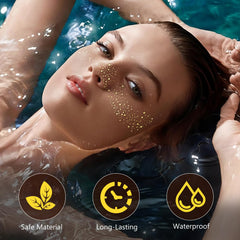 Model wearing HSEM gold freckles on cheek showcasing instant glam and photo-ready shine