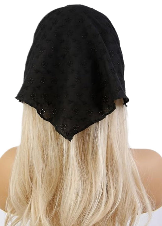 Huachi front view of black headscarf showing overall shape and fit benefit