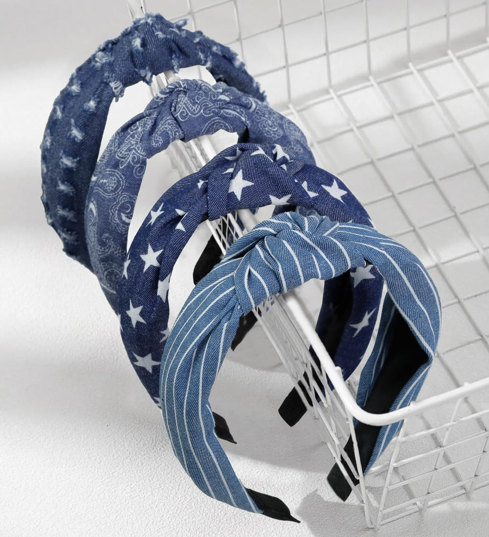 Huachi front view of four denim-blue headbands showing designs and value