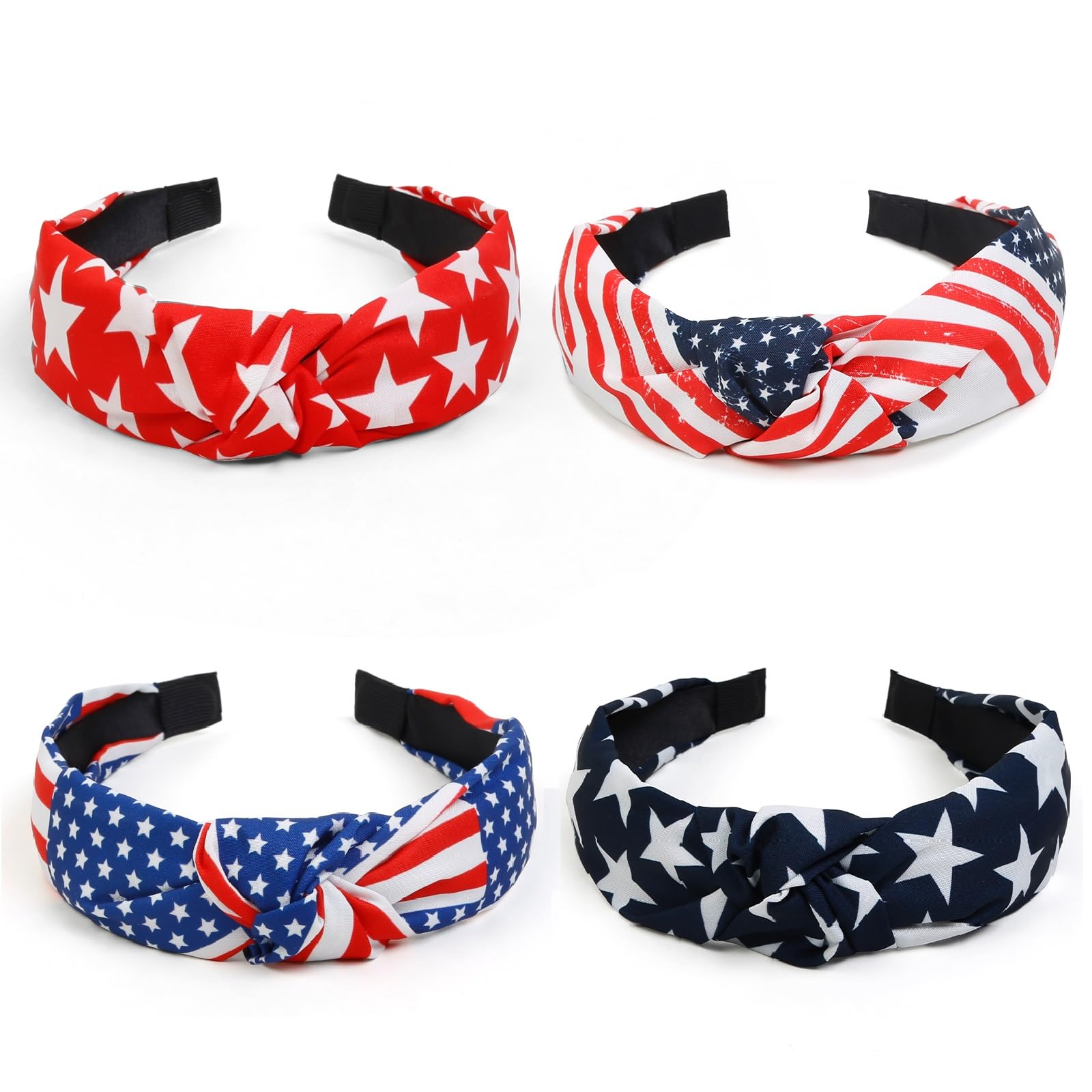 Huachi front view of four-pack headbands showing star and stripe designs for easy outfit matching