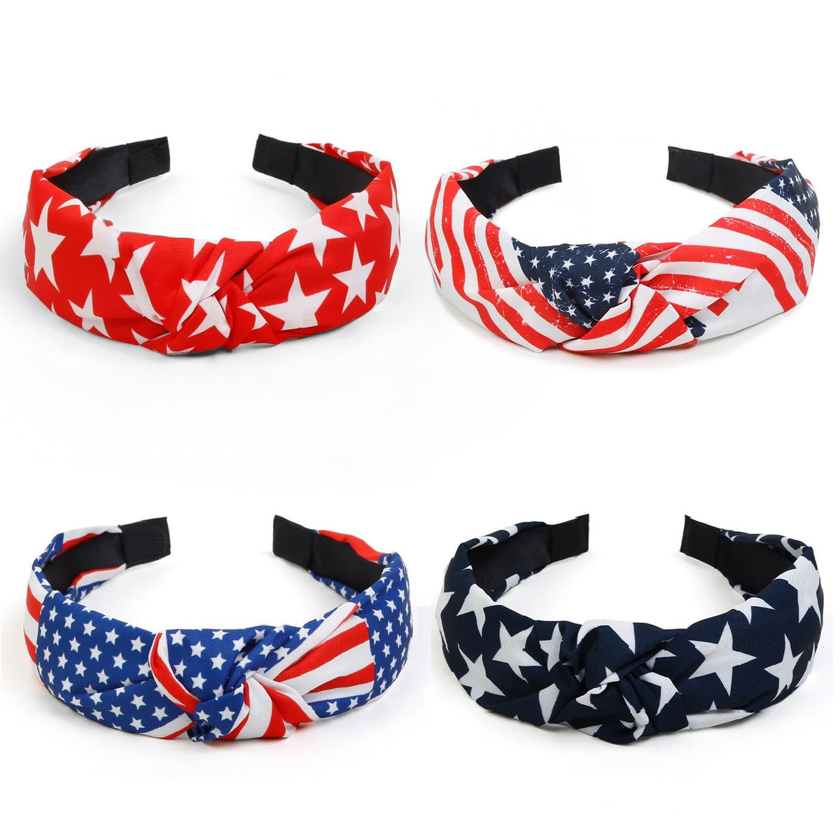 Huachi front view of four-pack headbands showing star and stripe designs for easy outfit matching
