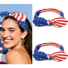 Huachi headband front view showing patriotic bow and clear styling benefit