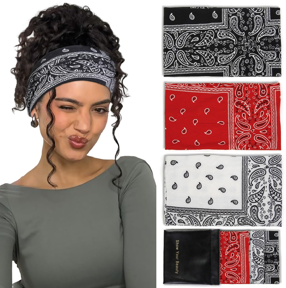 Huachi front packaging showing three color bandana headbands and outfit matching benefit