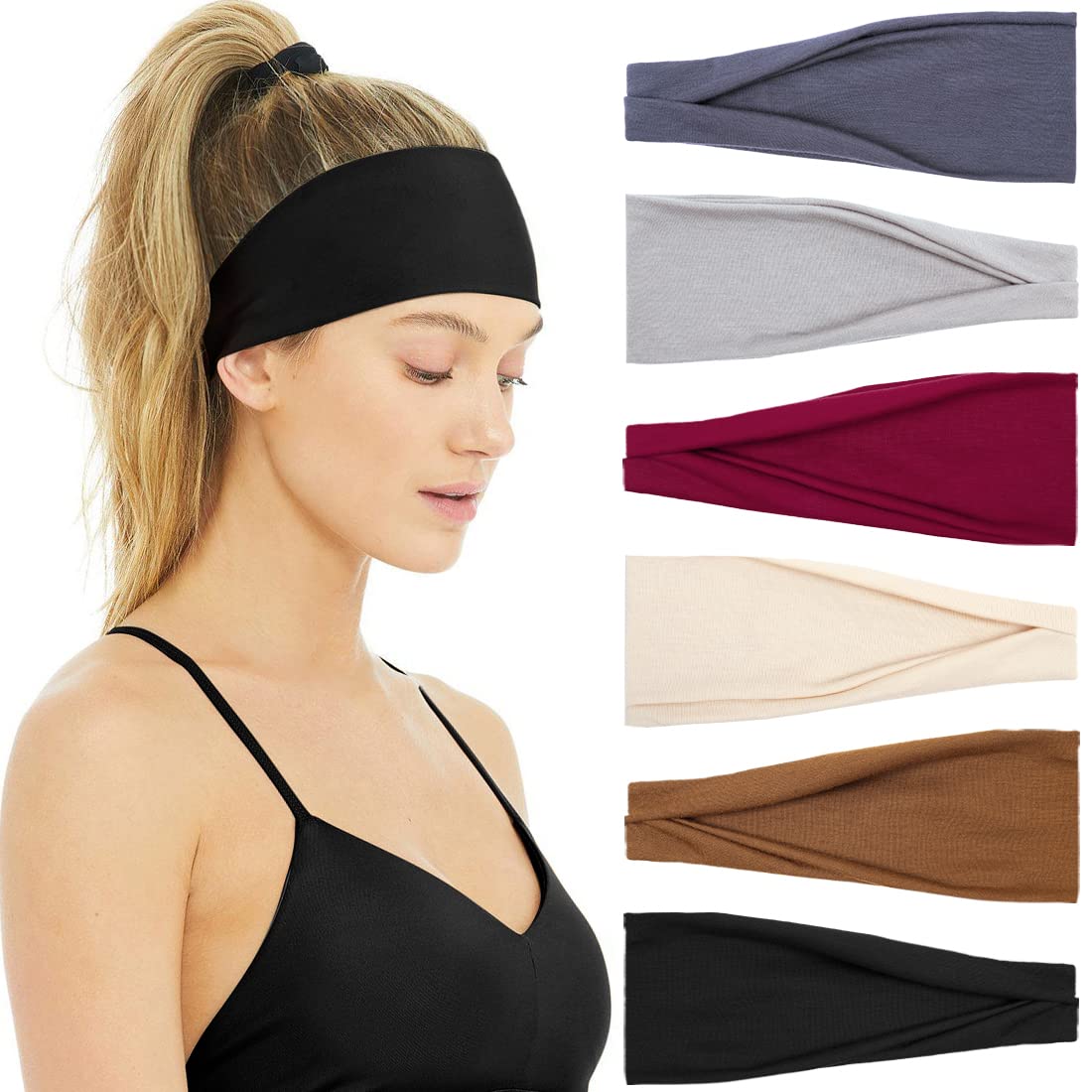 Huachi front view of 6-pack headbands showing colors and packaging, versatile convenience