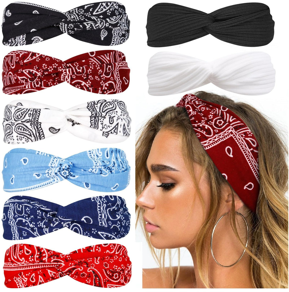 Huachi front view of eight paisley headbands showing colors and patterns, stylish organization benefit