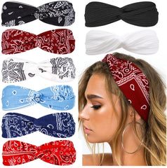 Huachi front view of eight paisley headbands showing colors and patterns, stylish organization benefit