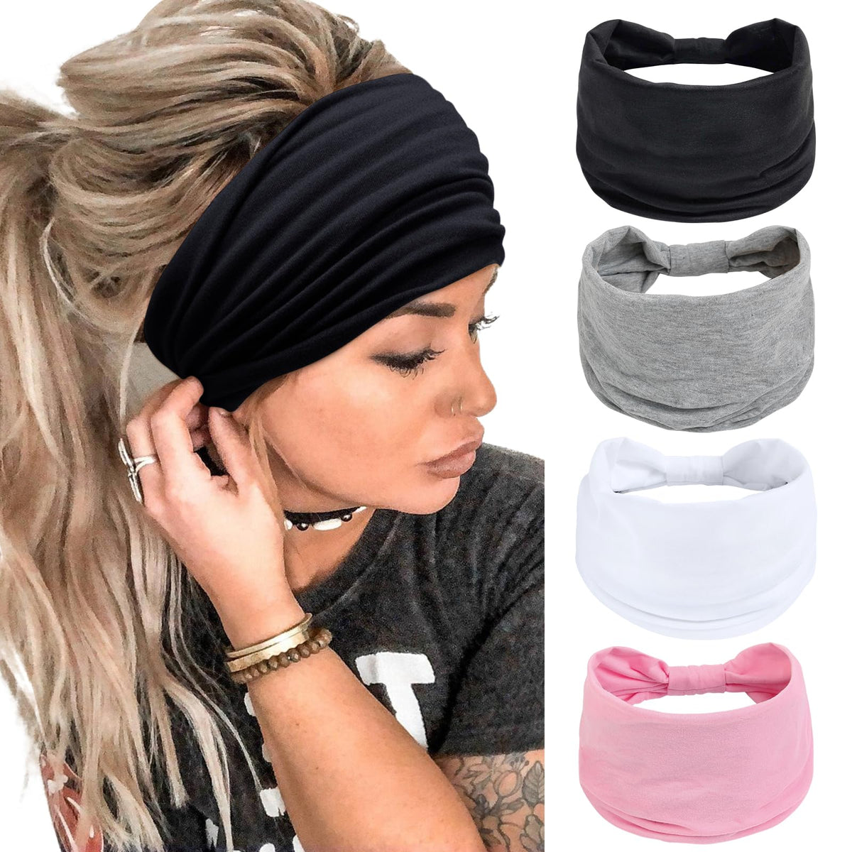 Huachi front view of four-pack headbands showing colors and neat fold, comfortable daily wear
