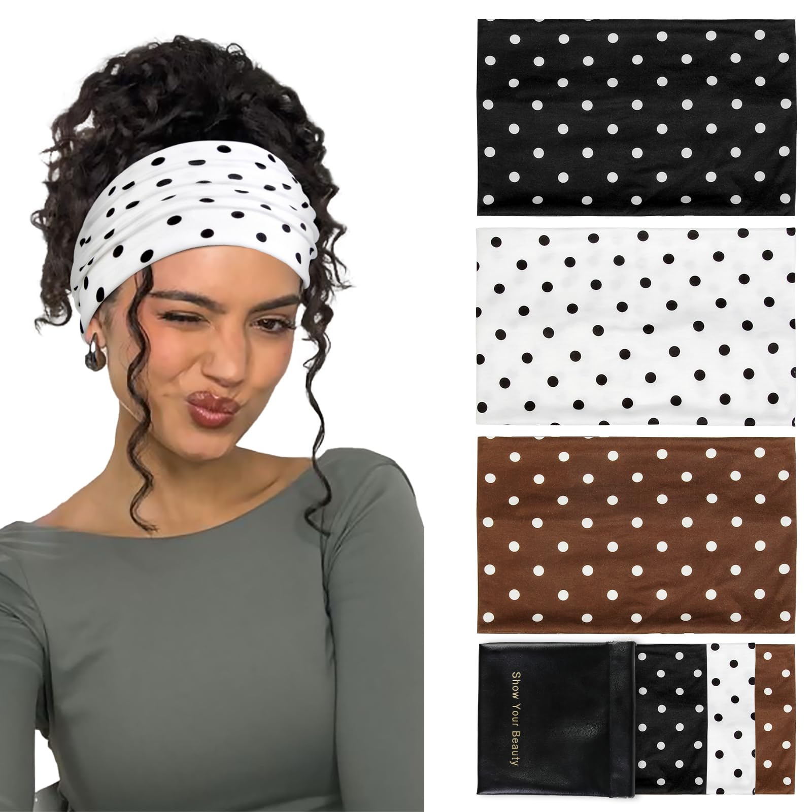 Huachi front packaging showing three polka dot headbands and easy styling benefit
