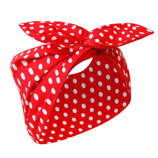 Huachi front view of red polka dot headband showing vintage style and easy wear