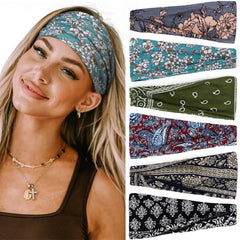 Huachi front view of six-pack boho headbands showing variety and convenience