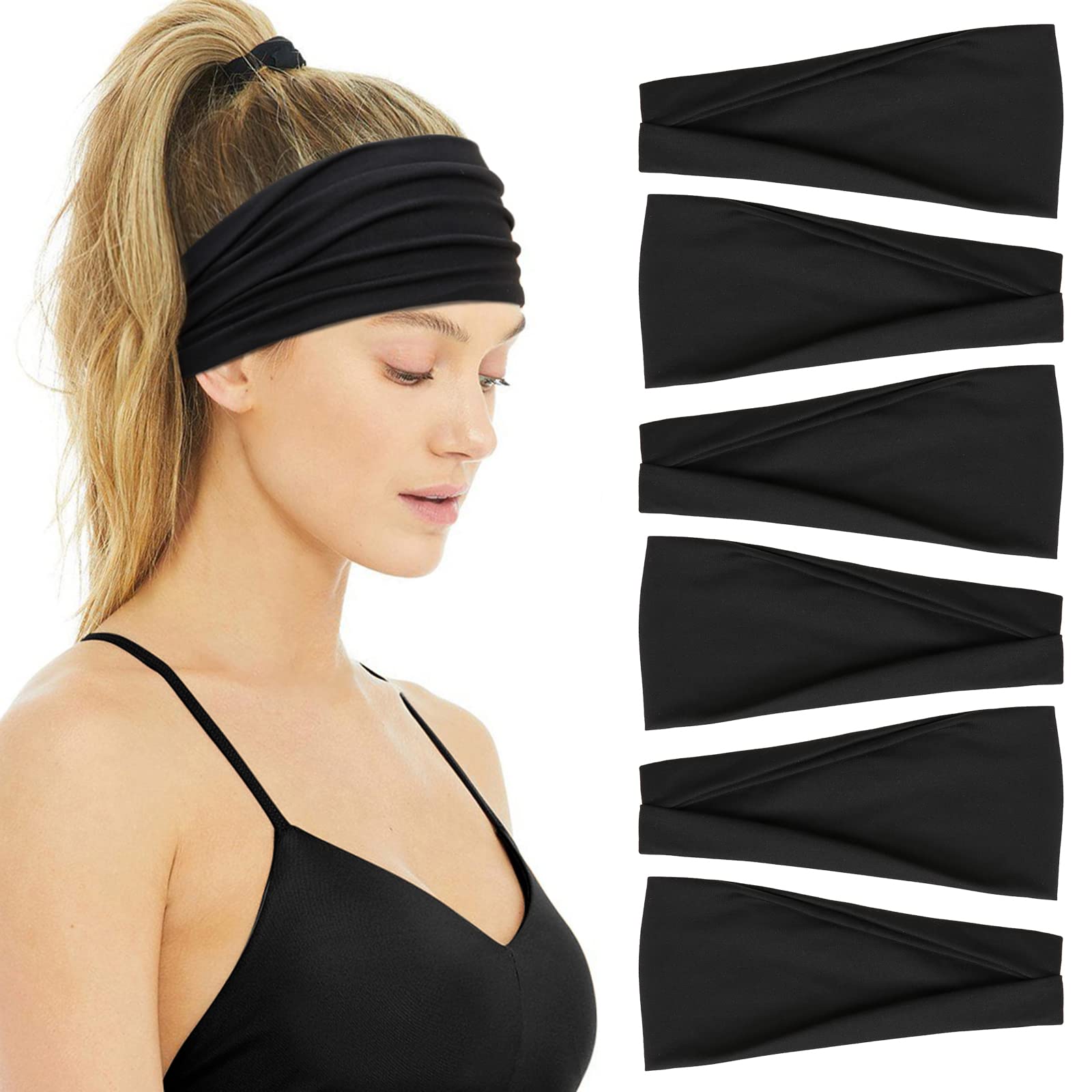 Huachi front packaging showing six black headbands and neat stack, convenient storage benefit