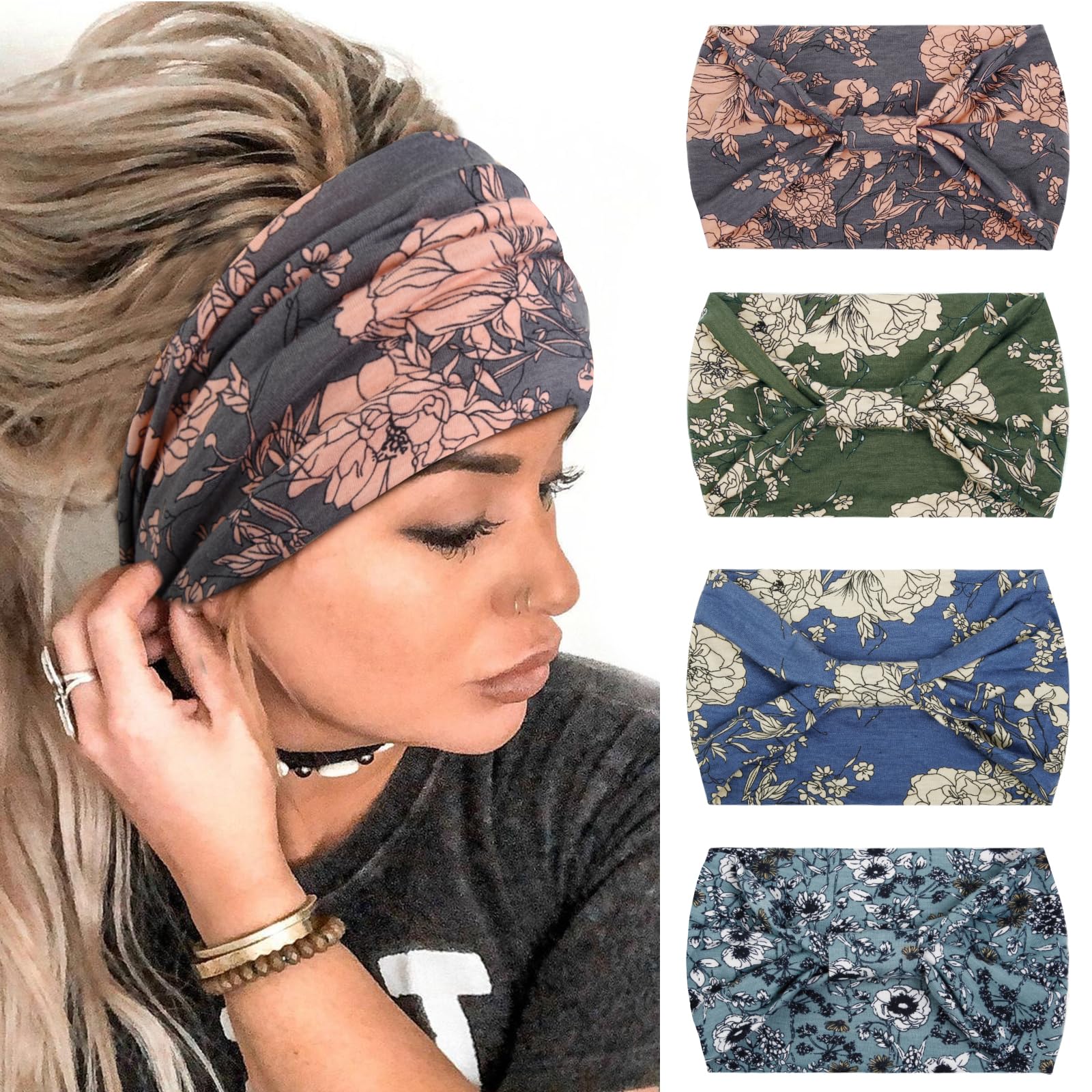 Huachi front view of four-pack headbands showing floral prints and knot