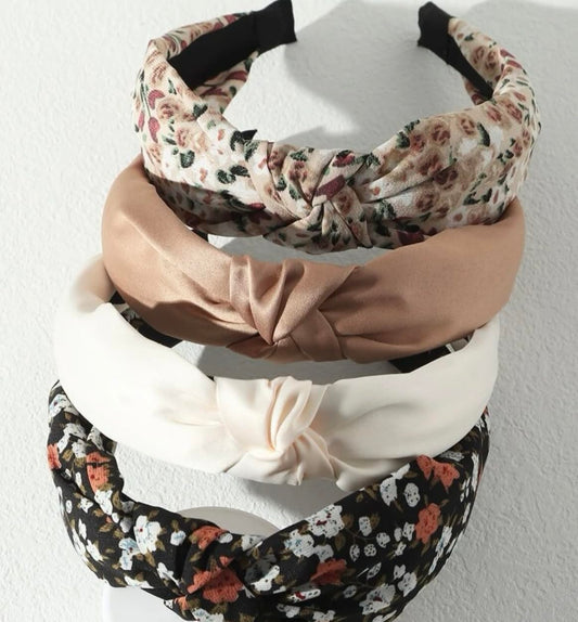 Huachi front view of the four headbands showing colors and knot detail for versatile styling