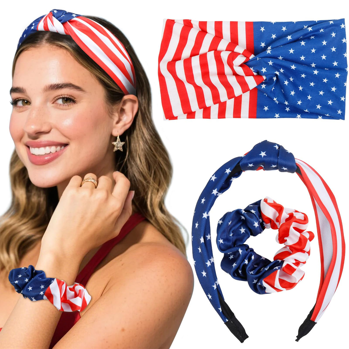 Huachi front packaging showing three patriotic headbands and scrunchie, perfect for holiday outfits