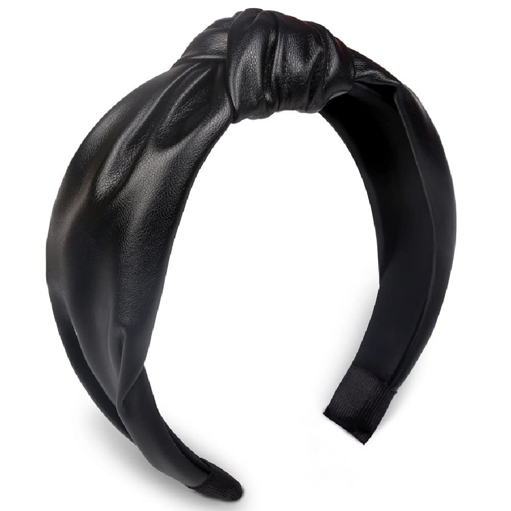 Huachi front view black knotted headband showcasing polished look and easy wear