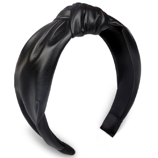 Huachi front view black knotted headband showcasing polished look and easy wear