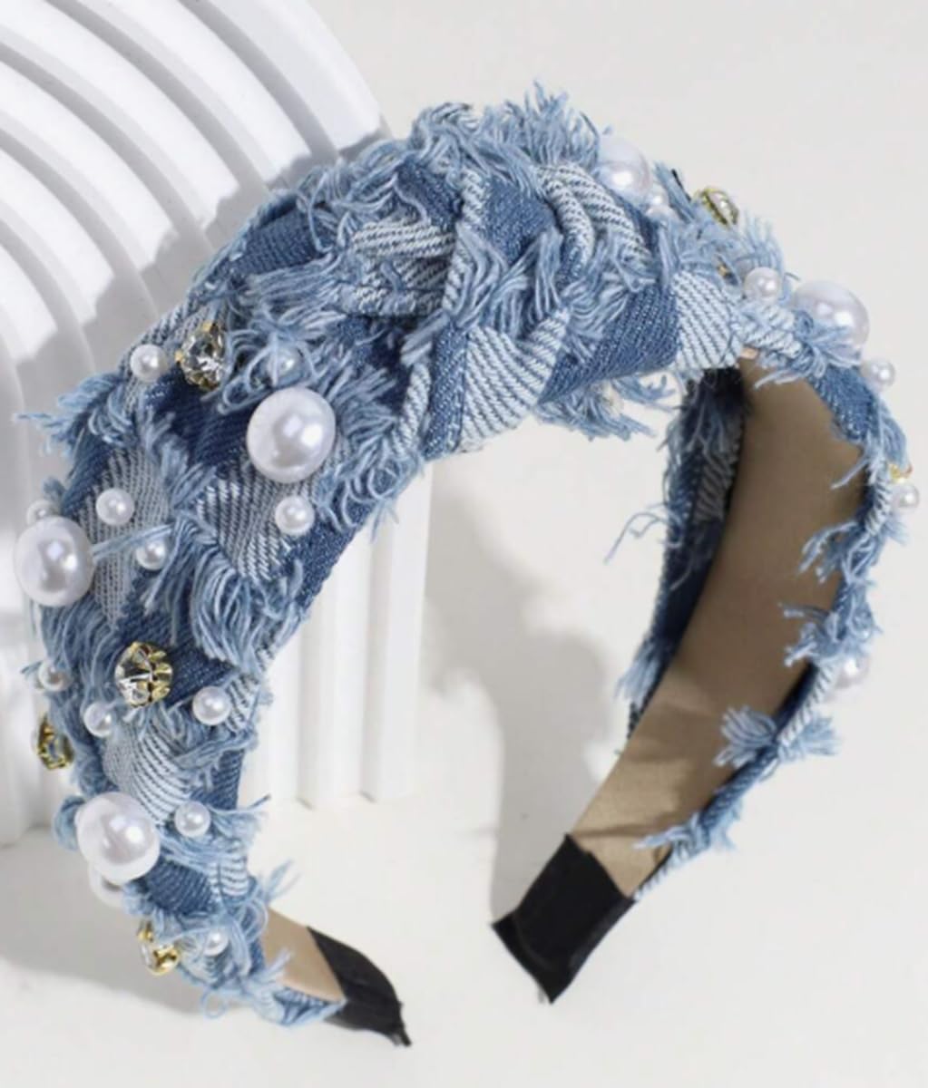 Huachi front view denim headband showing pearl accent and stylish fit