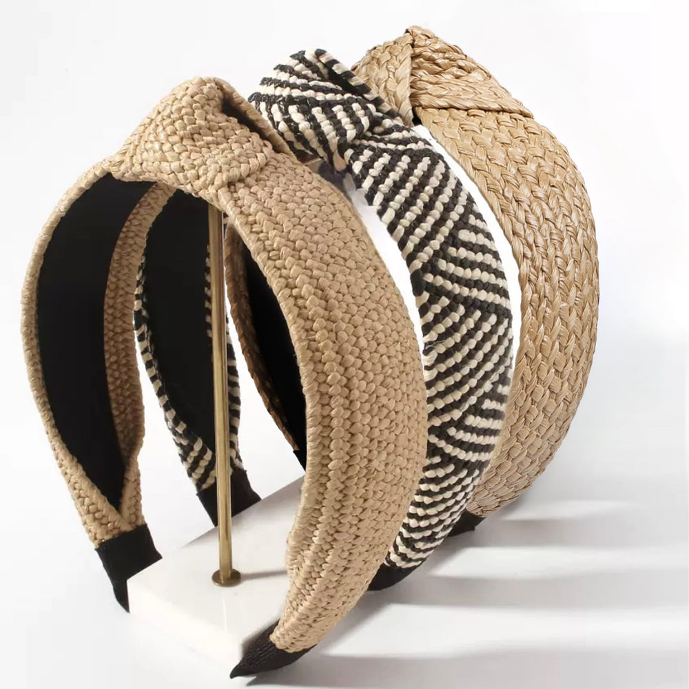 Huachi front view of three knotted straw headbands showing styles and colors for versatile summer wear