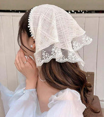 Huachi white lace bandana front view showing retro floral cutout and clean silhouette for stylish wear
