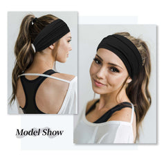 Woman wearing Huachi headband during yoga demonstrating secure fit and moisture control