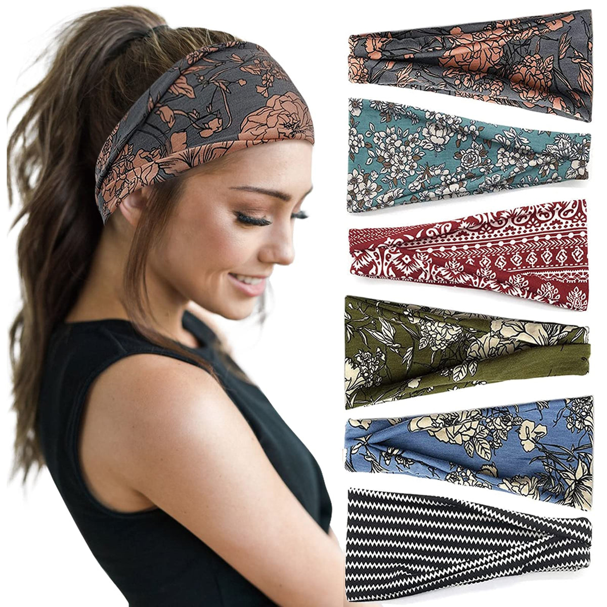 Huachi folded headbands set front view showing six boho prints and benefit of variety