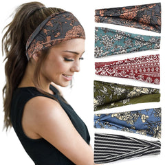 Huachi folded headbands set front view showing six boho prints and benefit of variety