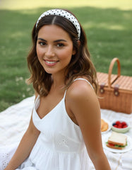 Huachi headband styled with brunch outfit showcasing instant retro-chic upgrade benefit