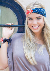 Huachi lifestyle picnic image with headband styled casually, adding patriotic flair to outfit