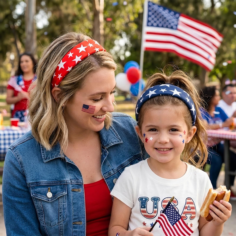 Huachi headband styled with summer outfit, elevates patriotic ensembles