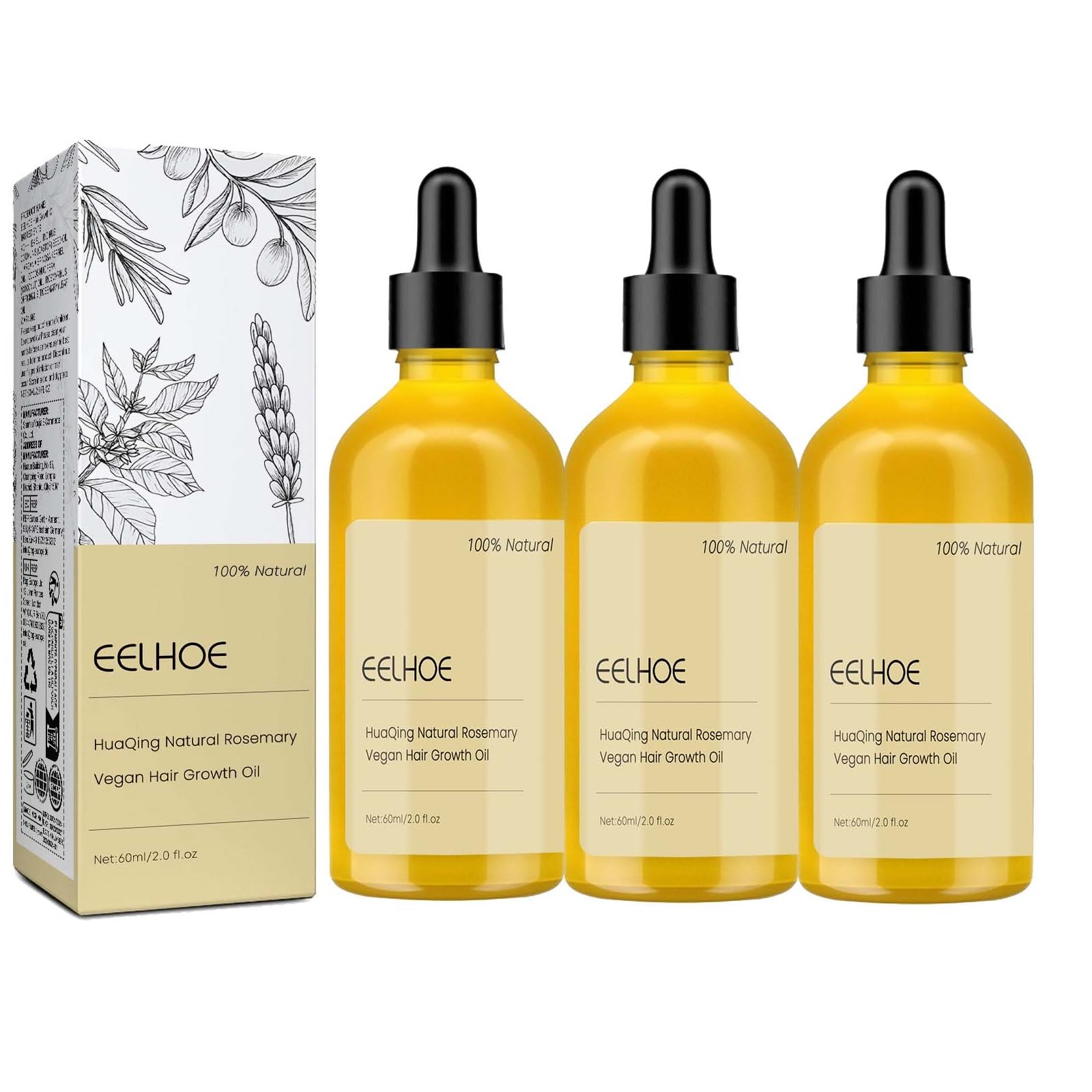HuaQing front packaging showing 180ml bottle and clear label, highlights natural formula