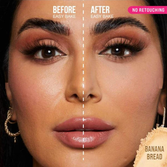 Huda Banana Bread powder swatch blended on skin demonstrating warm brightening effect