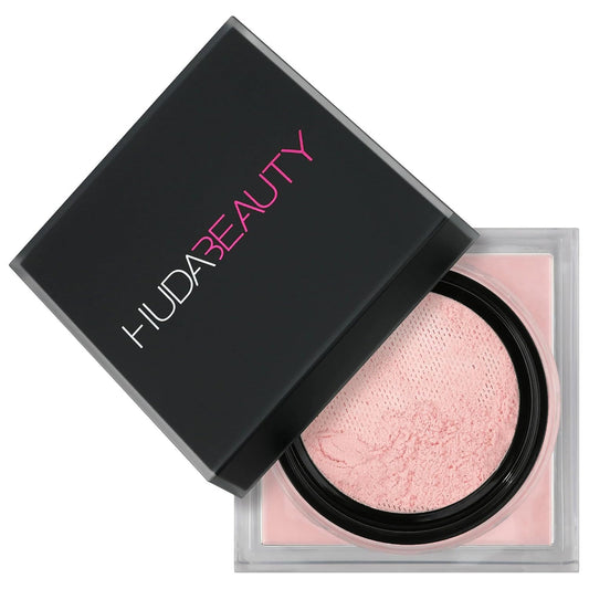 HUDA Beauty front packaging showing Cherry Blossom powder and branding benefits