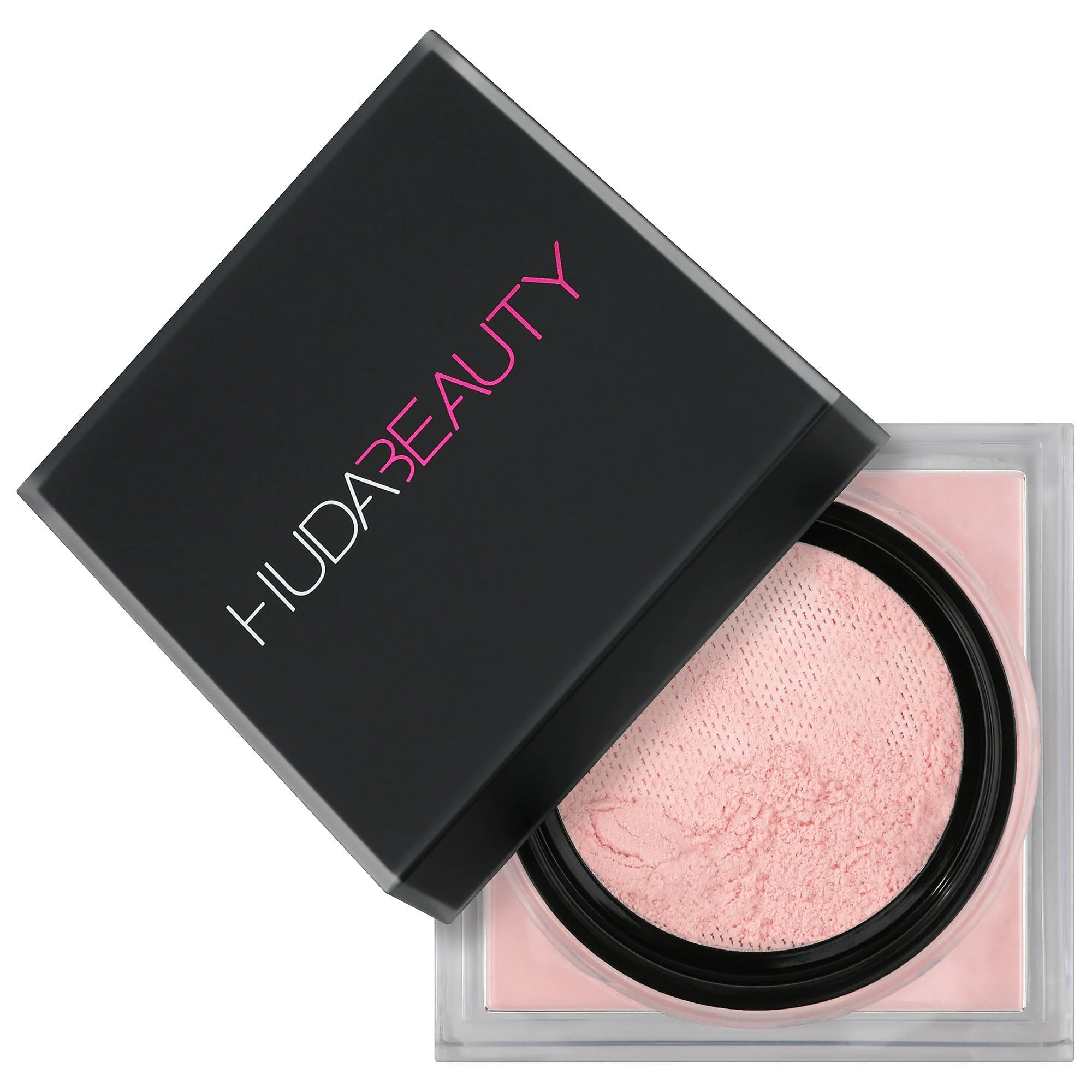 HUDA Beauty open sifter revealing finely milled Cherry Blossom powder texture and control