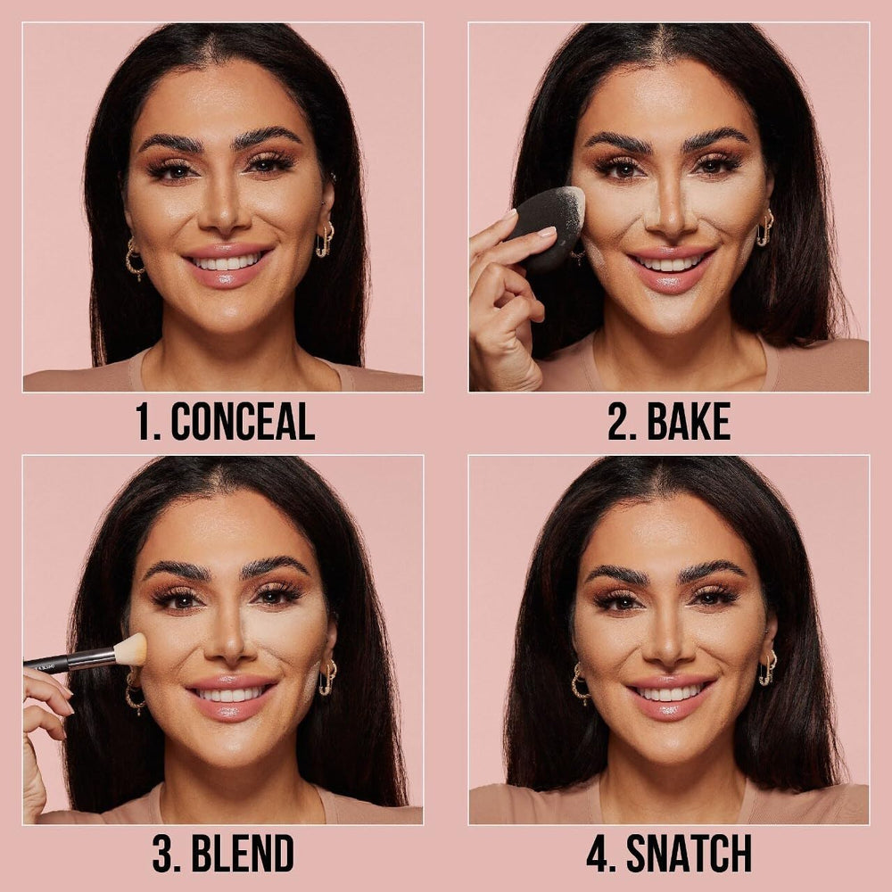 HUDA Beauty under-eye demo showing brightening effect and crease reduction