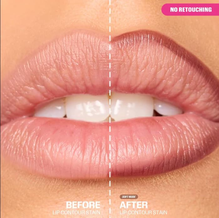 Huda close-up of felt-tip applicator on lips, crisp edge and long-wear benefit