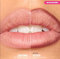 Huda close-up of felt-tip applicator on lips, crisp edge and long-wear benefit
